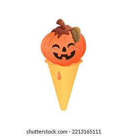 Halloween pumpkin with a carved face in the form of ice cream in a cup. Halloween holiday concept. Stock vector illustration of pumpkin head in the form of ice cream in a waffle cup. 