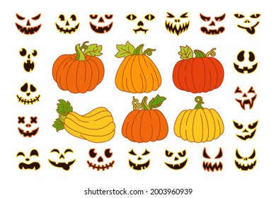 Halloween Pumpkin carved face line cartoon set. Creepy grin, smiling mask, pumpkins with smile, symbol holiday Happy Halloween. Cute or funny muzzle. Scary spooky devils eyes and smile Isolated vector