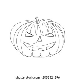 Halloween pumpkin with carved face one line art. Continuous line drawing of halloween theme, horrible, harvest, autumn mood, vegetable, sign of autumn.