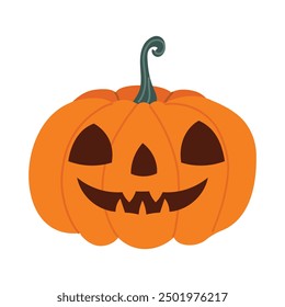 Halloween pumpkin with a carved face. Orange fall pumpkin. Vector illustration in flat style. Hand-drawn style. White isolated background. 