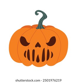 Halloween pumpkin with a carved face. Orange fall pumpkin. Vector illustration in flat style. Hand-drawn style. White isolated background. 