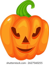 Halloween pumpkin with carved face smiling with a green curved stem on a white background, representing the spirit of halloween celebration