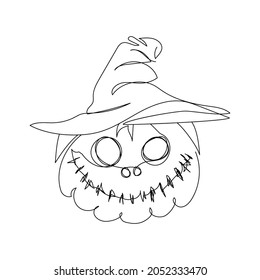 Halloween pumpkin with carved face in a witch hat one line art. Continuous line drawing of halloween theme, gothic, autumn mood, mysticism, witchcraft.