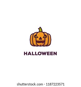 Halloween pumpkin with carved mouth and glowing eyes. Yellow pumpkin face in line style. Horror and scary halloween banner.
