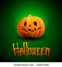 Halloween pumpkin carved portrait with spooky face and lettering