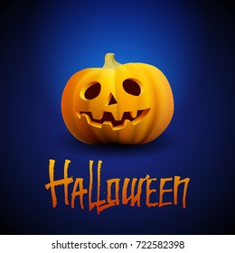 Halloween pumpkin carved portrait with spooky face and lettering