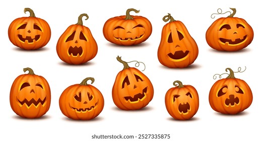 Abóbora de Halloween com esculpidos rostos assustadores conjunto de ícones de cores realistas. Jack-o-lantern mostrando variedade emoções 3d coleção de personagens