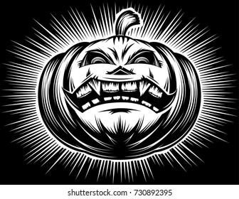 Halloween pumpkin with carved sinister eyes and smiling mouth on a evils holiday; Vector hand drawing illustration in a black retro hatching stamp vintage graphic style for a t-shirt print or tattoo.