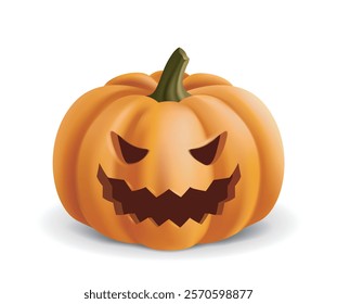 A Halloween pumpkin with a carved sinister face, featuring vibrant orange colors and smooth design, presented on a white background. Halloween concept. Vector illustration.