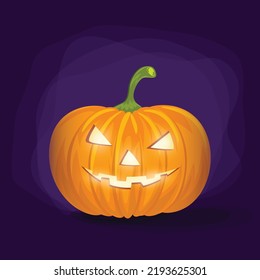 Halloween pumpkin carving. Big yellow pumpkin jack-o-lantern with evil spooky smile and glowing eyes. Halloween cartoon head with light decorative teeth. 31 october holiday element.