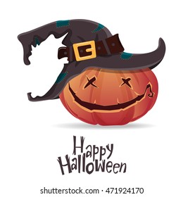 Halloween pumpkin carving in black witch hat. Happy Halloween  typography. Cartoon vector. Vector Illustration. 