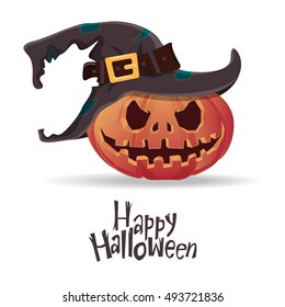 Halloween pumpkin carving in black witch hat. Happy Halloween typography. Cartoon vector. Vector Illustration.