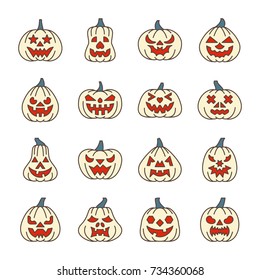 Halloween pumpkin with carving face thin line icon set. Vector linear symbol pack. Outline sign with color fill. Editable stroke. Simple pictogram graphic collection. Design card, banner, sale, label
