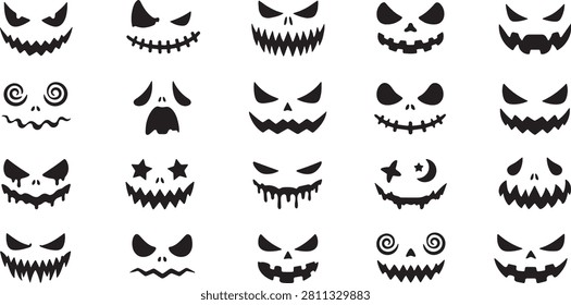 Halloween pumpkin carving faces set, spooky jack o lantern facial expressions vector, creepy monster mouth and eyes silhouettes for autumn decor	