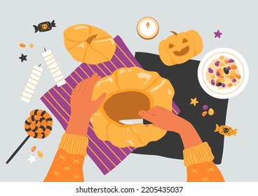 Halloween pumpkin carving. Flat lay of preparing decoration for party. Hands holding knife and cutting, top view of fall home activity. Lollipop, candles on table, candy on plate. Vector illustration