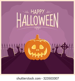 Halloween Pumpkin Carving In a Graveyard Card Purple