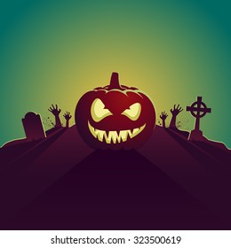 Halloween Pumpkin Carving In a Graveyard Green face 1