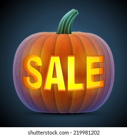 Halloween pumpkin with carving. Jack-o-lantern with word SALE. Qualitative vector (EPS-10) illustration for sale, vegetables, halloween, agriculture, discount, autumn holidays, olericulture, etc