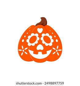 Halloween pumpkin carving with mexican ornaments. Mexican Day of the Dead smiling Jack o lantern, Halloween ornate with flowers carving or Mexico holiday funny pumpkin face vector icon or decoration