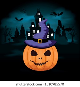 halloween pumpkin with castle in dark night