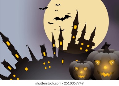 Halloween pumpkin castle moon background