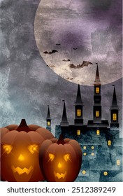 Halloween pumpkin castle moon background