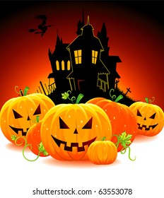 Halloween pumpkin with castle, vector