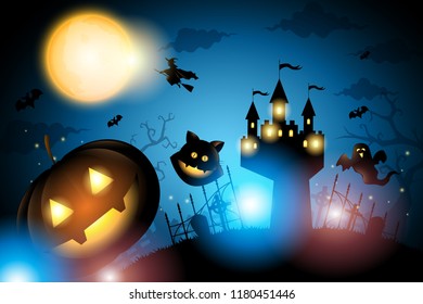 Halloween pumpkin and castle witch cat and ghost in cemetery on big moon dark blue background, poster vector illustration.