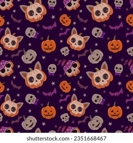 Halloween pumpkin with cat  bat on purple color seamless pattern.