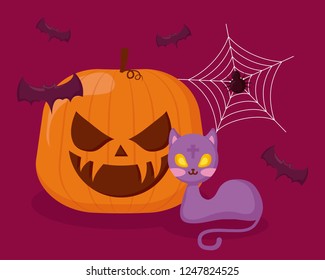 halloween pumpkin with cat and bats