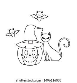 halloween pumpkin with cat and bats flying