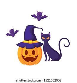 halloween pumpkin with cat and bats flying vector illustration design