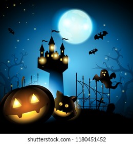 Halloween pumpkin with cat ghost and castle in cemetery on big moon dark blue background, vector illustration.