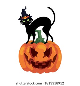 halloween pumpkin and cat with hat witch on white background vector illustration design
