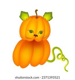 Gato de calabaza de Halloween con hojas en lugar de orejas y brote en lugar de ilustración del vector de cola. Esconde y busca el concepto de las fiestas de Halloween. Gato brujo rojo, convertido en calabaza. Gatito encantado