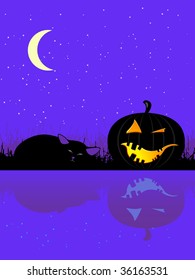 Halloween pumpkin and cat, sleeping under the moon, vector illustration for your design.