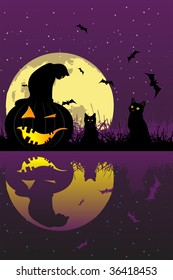 Halloween pumpkin and cat, sleeping under the moon, vector illustration for your design.