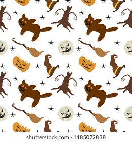 Halloween pumpkin cat and tree ghost unique seamless pattern. vector illustration for fashion textile print and wrapping with festive design.