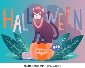 Halloween pumpkin with cat. Trendiy style illustration. Autumn holidays. Vector.