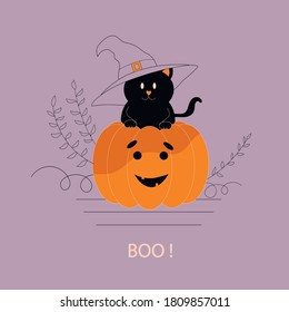 Halloween pumpkin. Cat with witch hat and Pumpkin. Vector