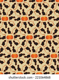 Halloween pumpkin and cats. Digital background vector seamless pattern. Cats around the lantern. Trick or treat plan. Happy Halloween wrapping paper.