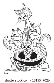 Halloween pumpkin and cats doodle coloring book page. Antistress for adults. Outline black and white illustration. Stock vector