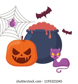 halloween pumpkin with cauldron and cat