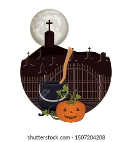 halloween pumpkin with cauldron in cemetery