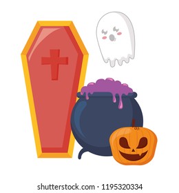 halloween pumpkin with cauldron and coffin