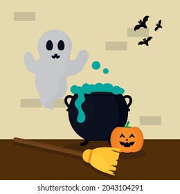 halloween pumpkin and cauldron scene