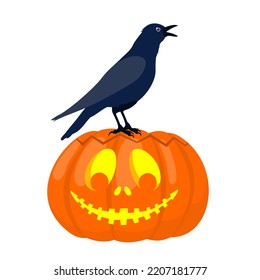 Halloween pumpkin with a cawing raven on top. Illustrated vector element. 