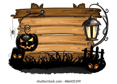 Halloween pumpkin with cemetery over wood texture