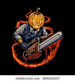 halloween pumpkin with chainsaw illustration