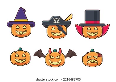 Halloween pumpkin character icon illustration, zombie, magician, pirate pumpkin, vector halloween illustration icon set
